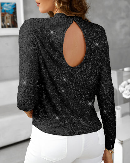Mock Neck Hollow-out Back Allover Sequin Long Sleeve Top Partywear Blouse