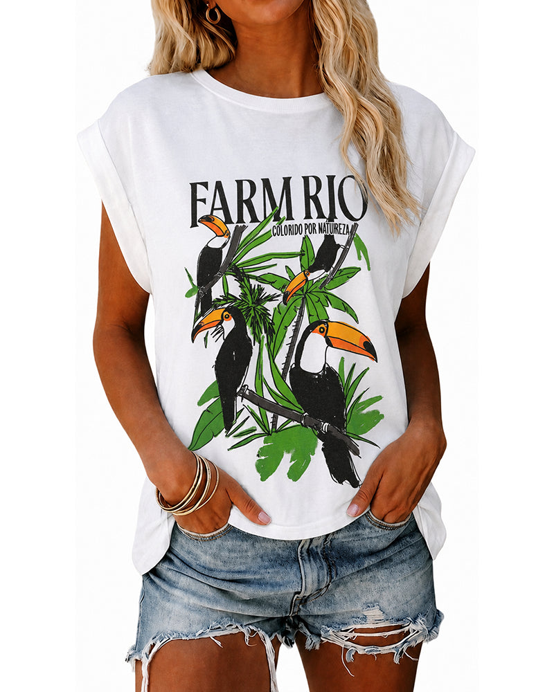 Women's Tropical Toucan Graphic Tee Cuffed Cap Sleeve Loose Crewneck T-Shirt Casual Top