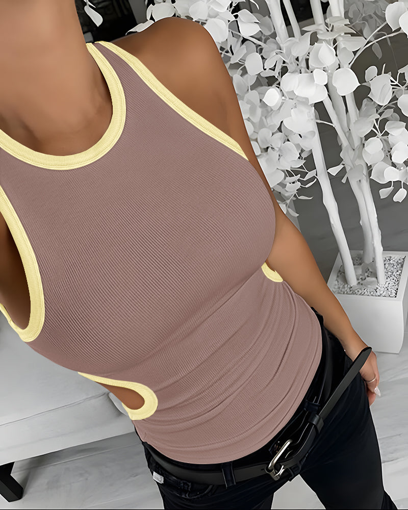 Women's Ribbed Contrast Trim Tank Top Sleeveless Crew Neck Cutout Slim Fit Stretch Casual Top