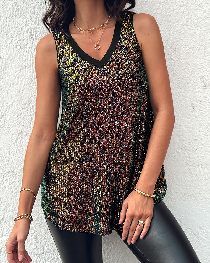 V-Neck Allover Sequin Thick Strap Sleeveless Tank Casual Top