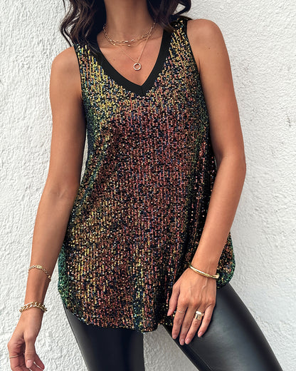 V-Neck Allover Sequin Thick Strap Sleeveless Tank Casual Top