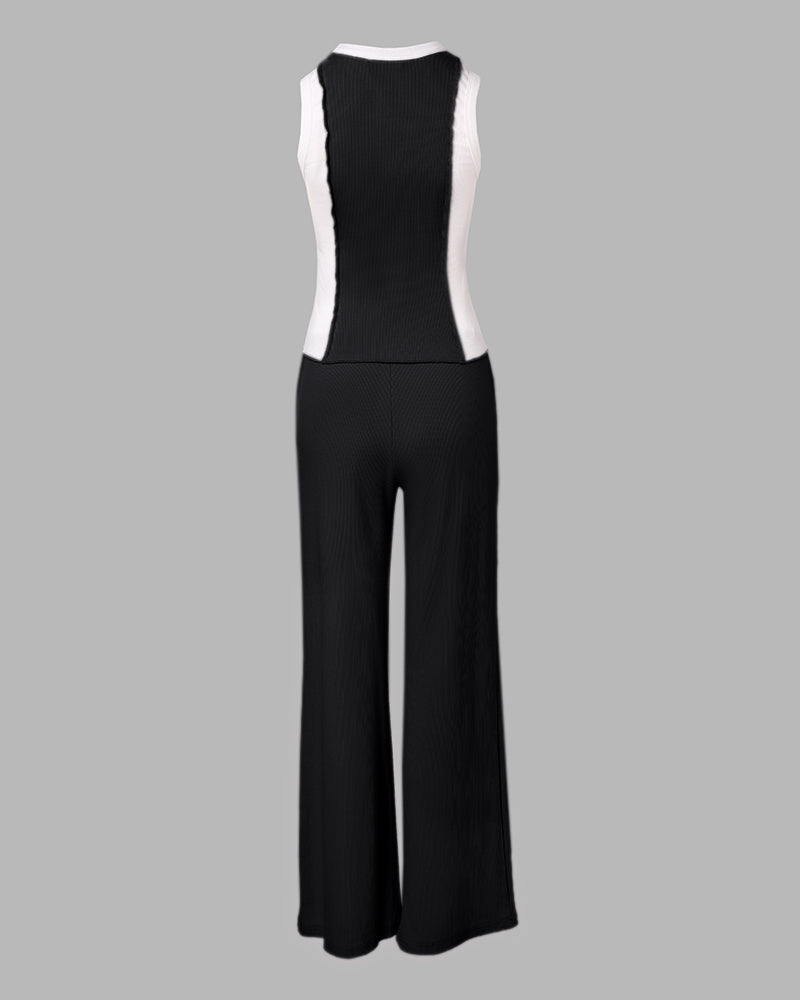 2 Pieces Outfit O-neck Slim Fit Tank Top and Drawstring Elastic Waist Straight Leg Pants Set Casual Colorblock Ribbed Set
