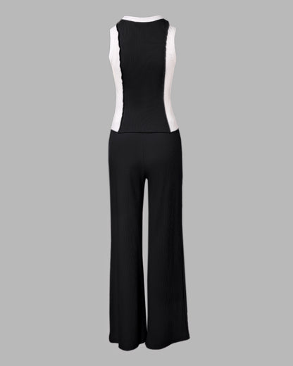 2 Pieces Outfit O-neck Slim Fit Tank Top and Drawstring Elastic Waist Straight Leg Pants Set Casual Colorblock Ribbed Set