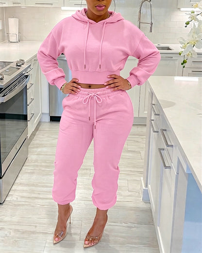 Women's 2 Piece Sweatsuit Set Cropped Drawstring Hoodie and High Waisted Jogger Sweatpants with Pockets