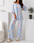 Women's 2 Piece Floral Print Pajama Set Half Sleeve Side Slit Top and Straight Leg Pants Casual Loungewear