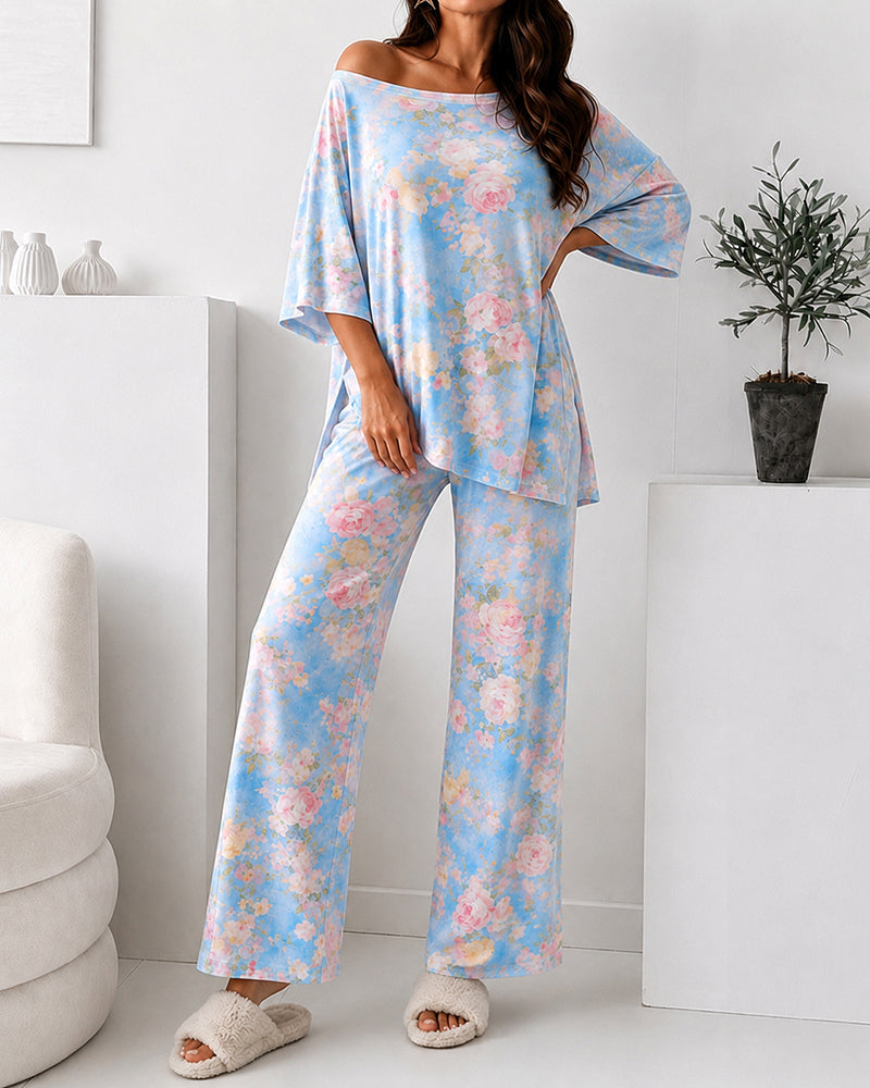 Women's 2 Piece Floral Print Pajama Set Half Sleeve Side Slit Top and Straight Leg Pants Casual Loungewear