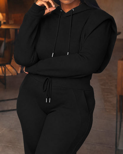 2-teiliges Outfit, langärmliges, kurzes Kapuzenpullover-Sweatshirt mit Kordelzug, Bündchen mit Daumenlöchern und lässigem Jogginghosen-Set mit Kordelzug und elastischer Taille mit weitem Bein 