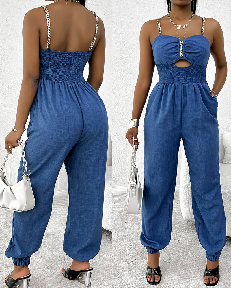 Women's Chain Strap Jumpsuit Hollow Out Shirred Waist Overalls Casual Jogger Jumpsuit with Pockets