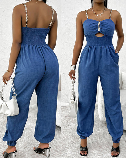 Women's Chain Strap Jumpsuit Hollow Out Shirred Waist Overalls Casual Jogger Jumpsuit with Pockets