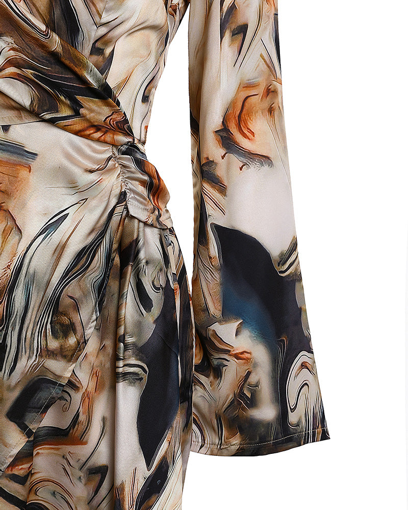 Marble Print Overlap V-Neck Wrap Front Ruched Vacation Dress Casual Cinched Waist Zipper Back Mini Dress