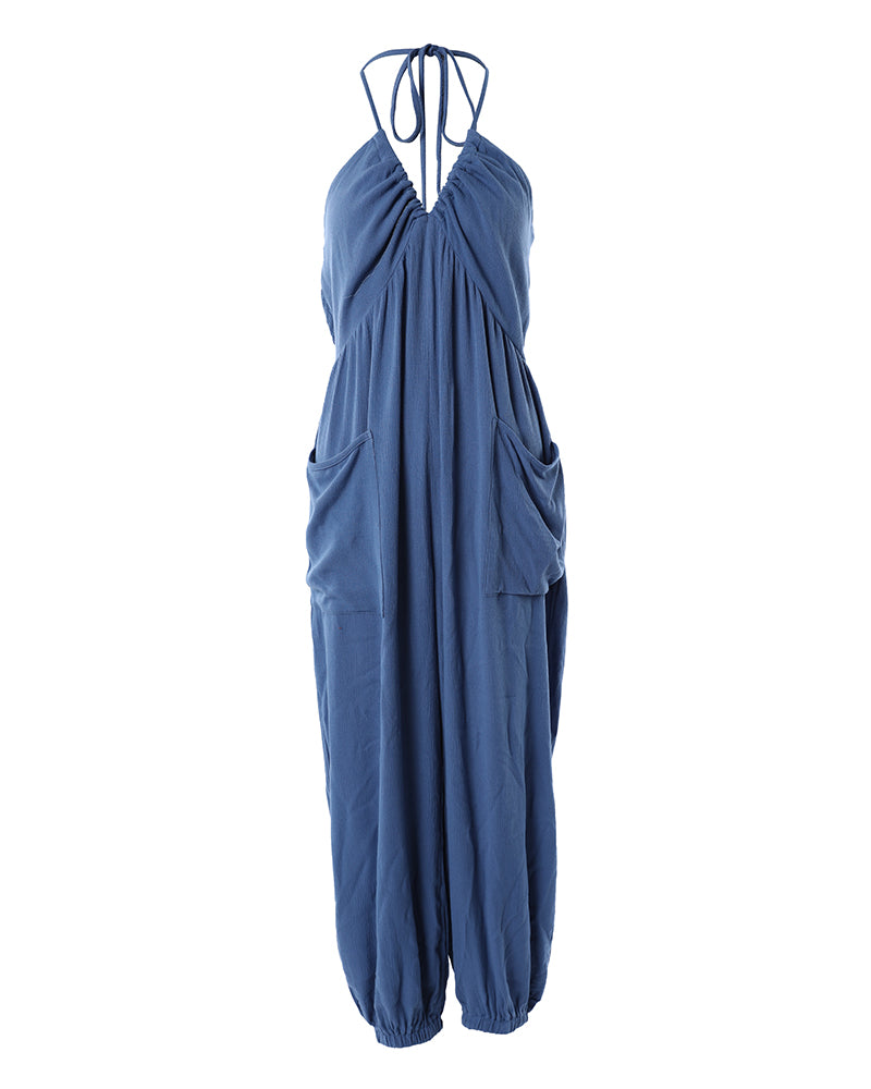 Women's Halter Tie Deep V Neck Jumpsuit Casual Shirred Backless Cuffed Overalls with Pockets