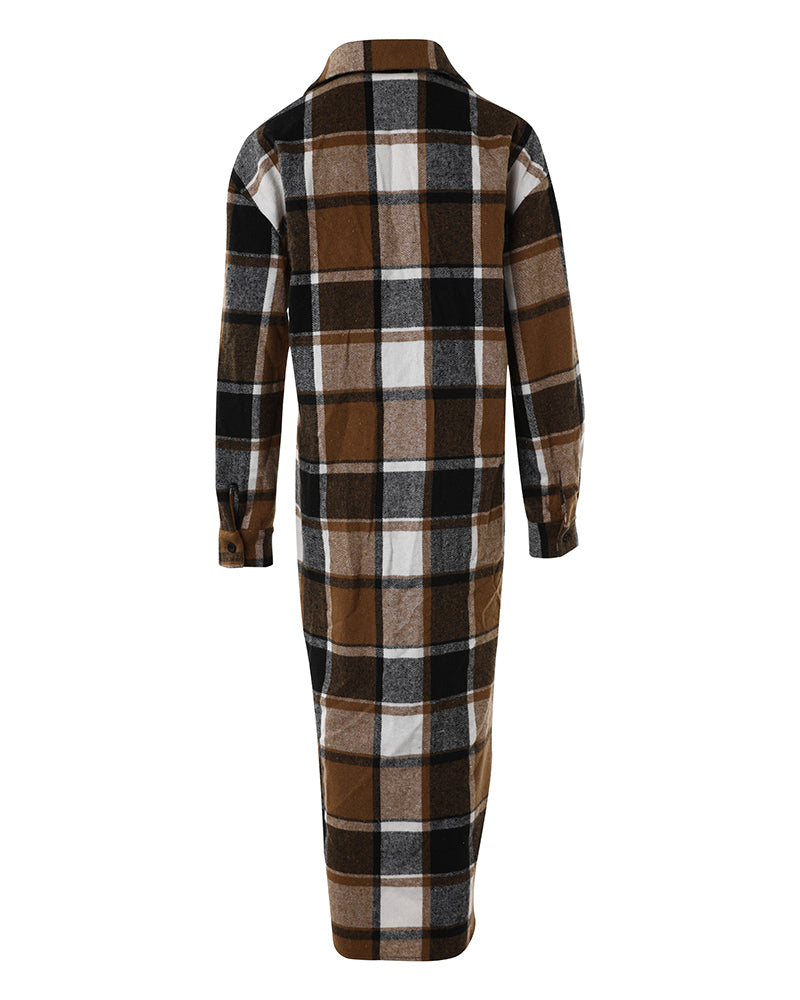 Plaid Print Buttoned Pocket Design Longline Coat