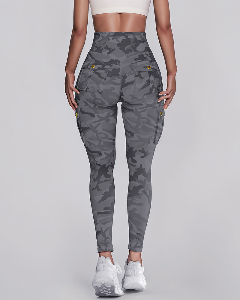 Camouflage Print High Waist Skinny Leggings with Cargo Flap Pockets Casual Pants