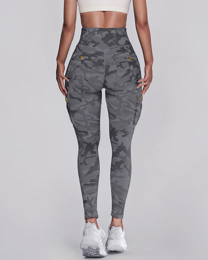 Camouflage Print High Waist Skinny Leggings with Cargo Flap Pockets Casual Pants