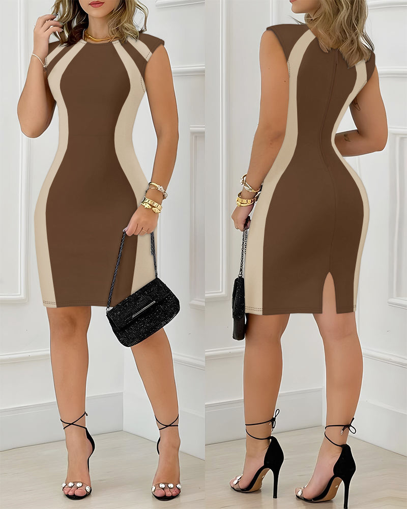 Colorblock Round Neck Sleeveless Zipper Back Midi Dress Slit Back Bodycon Dress