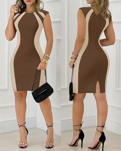 Colorblock Round Neck Sleeveless Zipper Back Midi Dress Slit Back Bodycon Dress
