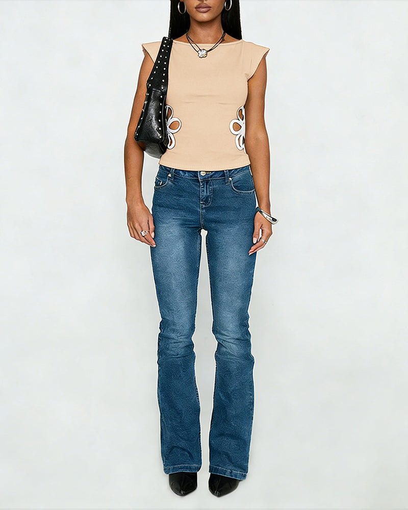 Round Neck Cap Sleeve Side Colorblock Hollow-out Floral Pattern Slim Fit Top