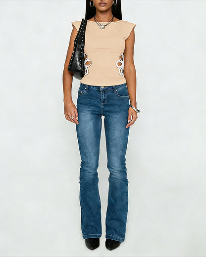 Round Neck Cap Sleeve Side Colorblock Hollow-out Floral Pattern Slim Fit Top