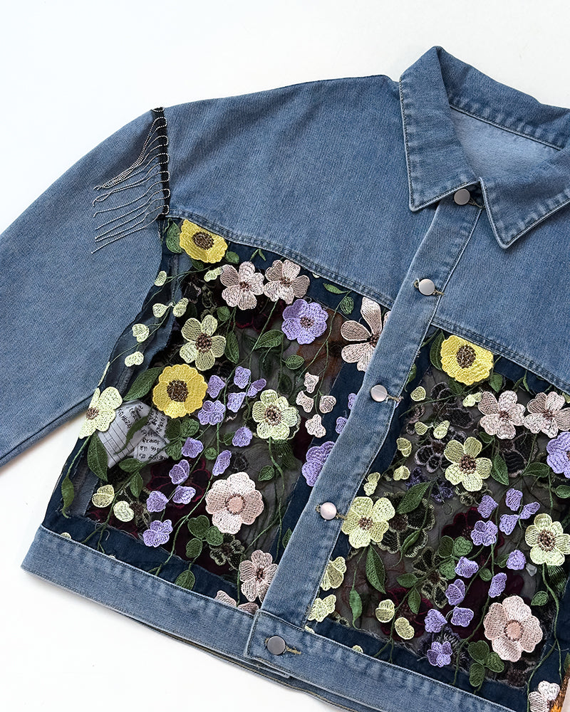 Colorblock 3D Flower Lace Embroidery Patch Denim Coat Casual Turn-down Collar Jacket