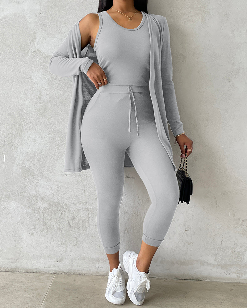 3 Piece Lounge Set Crewneck Sleeveless Tank Top Long Sleeve Open Front Coat Pants Sweatsuit