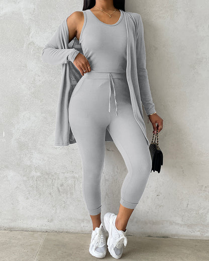 3 Piece Lounge Set Crewneck Sleeveless Tank Top Long Sleeve Open Front Coat Pants Sweatsuit