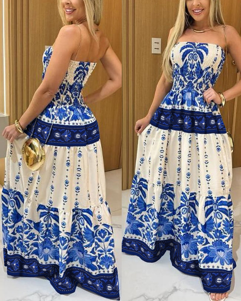 Vintage Floral & Plants Print Cinched Waist Shirred Strapless Dress Casual Ruffle Hem Vacation Dress