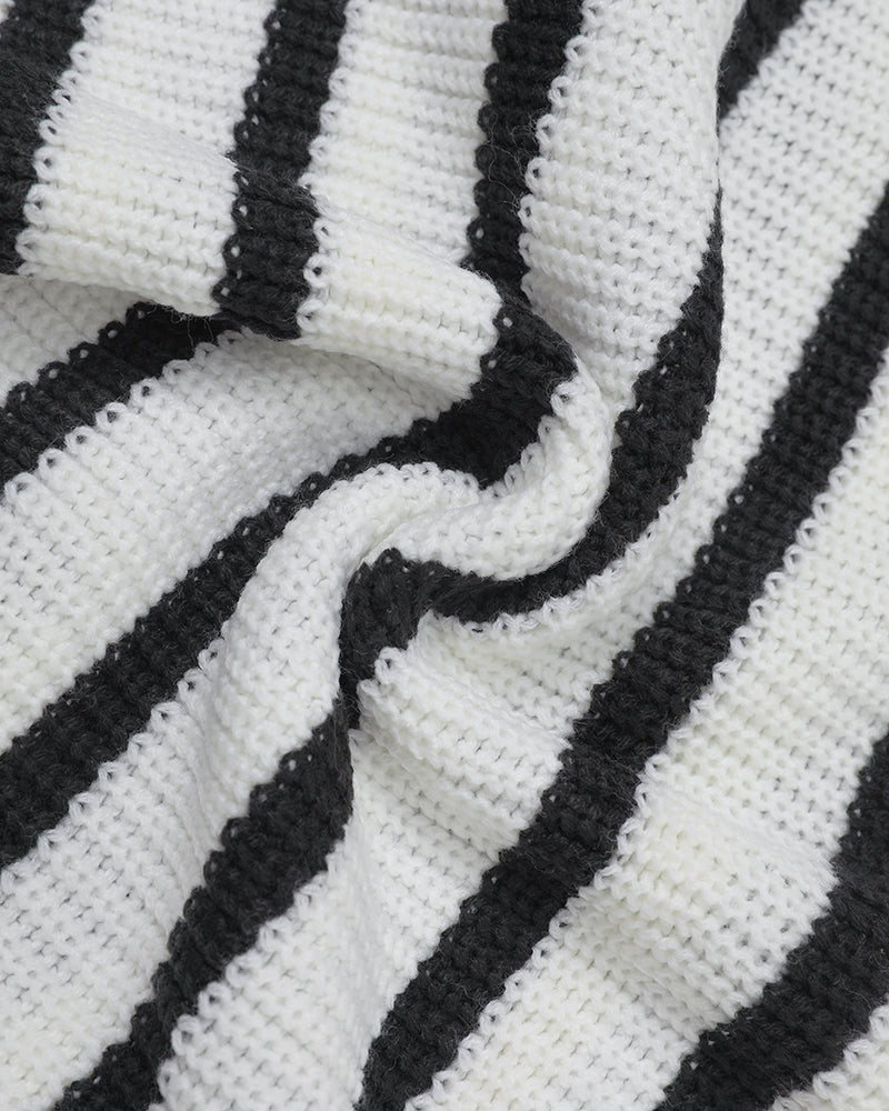 Women's Striped Henley Drawstring Hooded Sweater Loose Fit Lantern Sleeve Knit Pullover
