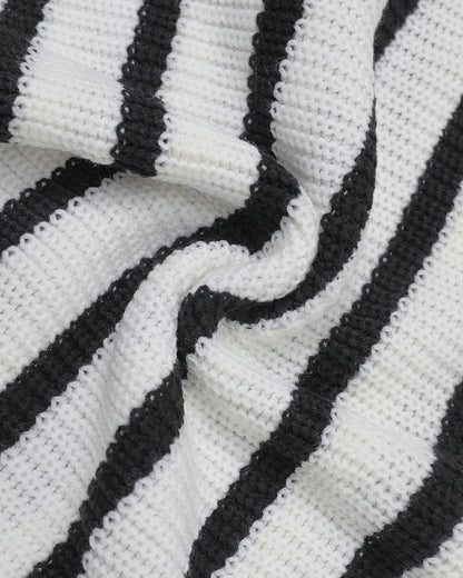 Women's Striped Henley Drawstring Hooded Sweater Loose Fit Lantern Sleeve Knit Pullover