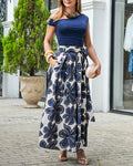 Women's 2 Piece Skirt Set Skew Neck Ruched Slim Fit Top and High Waisted Floral Print A Line Skirt with Pockets