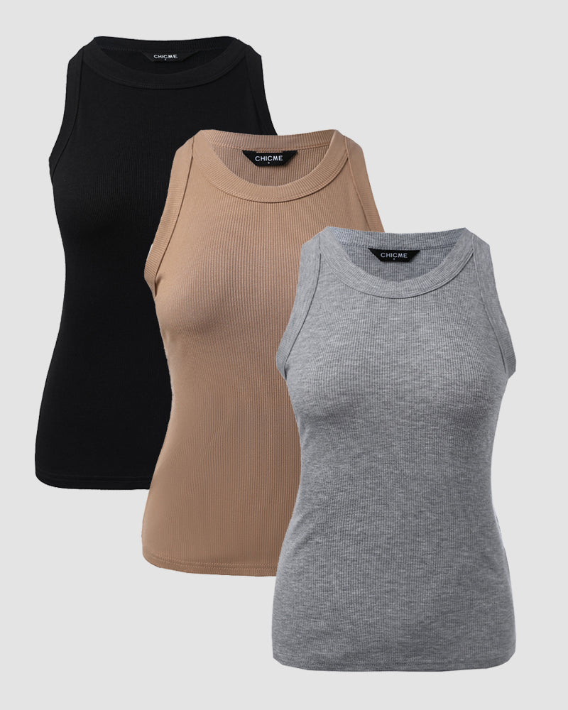 3 Pack Knit Round Neck Thick Strap Racerback Tank Tops(Without Pads)