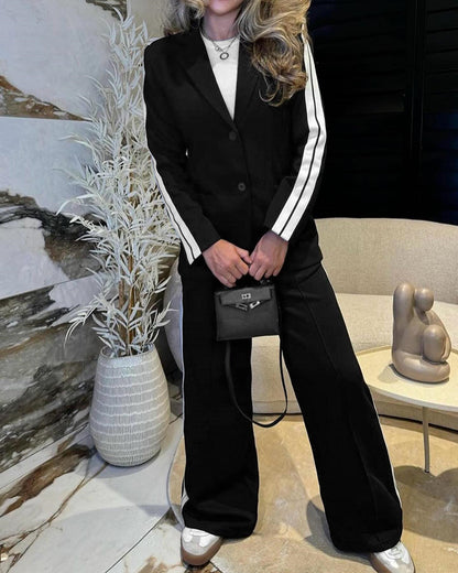 2 Pieces Outfit Notched Collar Single Breasted Pockets Design Coat And Elastic Waist Seam Front Wide Leg Pants Set Casual Contrast Side Striped Blazer Set