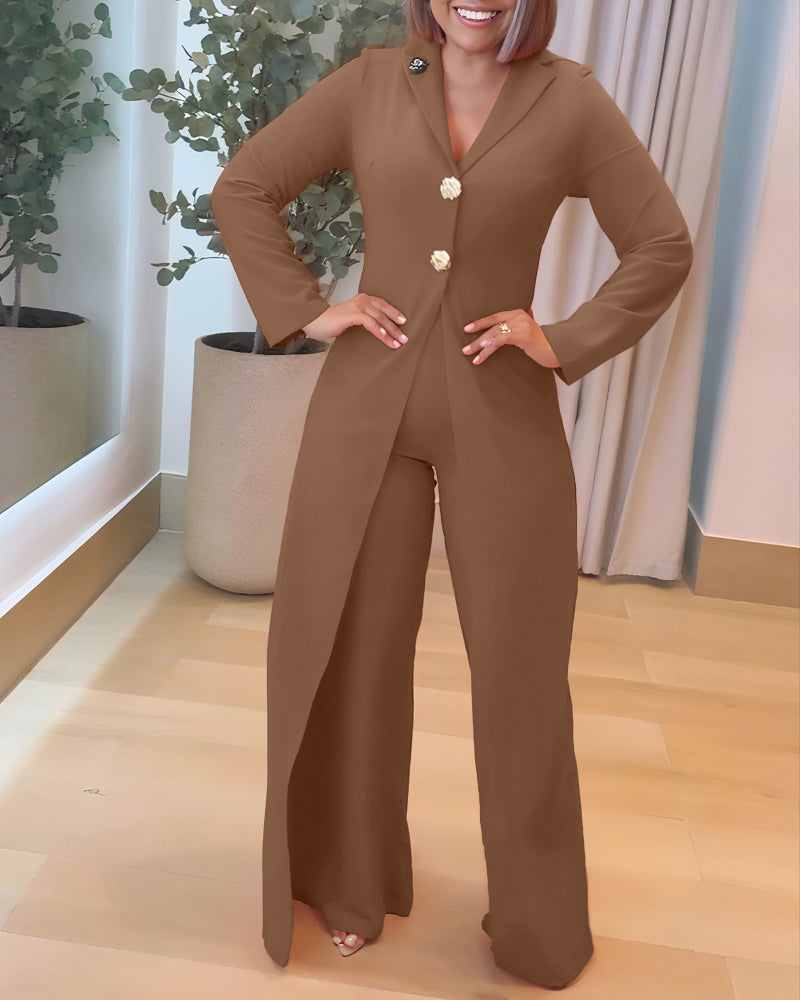 Notched Collar Long Sleeve Button Front Jumpsuit Casual Cinched Waist Wide Leg Faux Two Piece Jumpsuit