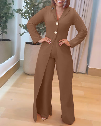 Notched Collar Long Sleeve Button Front Jumpsuit Casual Cinched Waist Wide Leg Faux Two Piece Jumpsuit