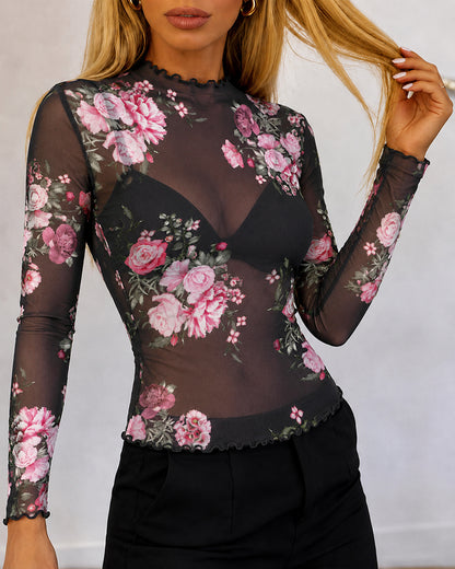 Women's Sheer Mesh Vintage Floral Print Mock Neck Frill Trim Long Sleeve Top