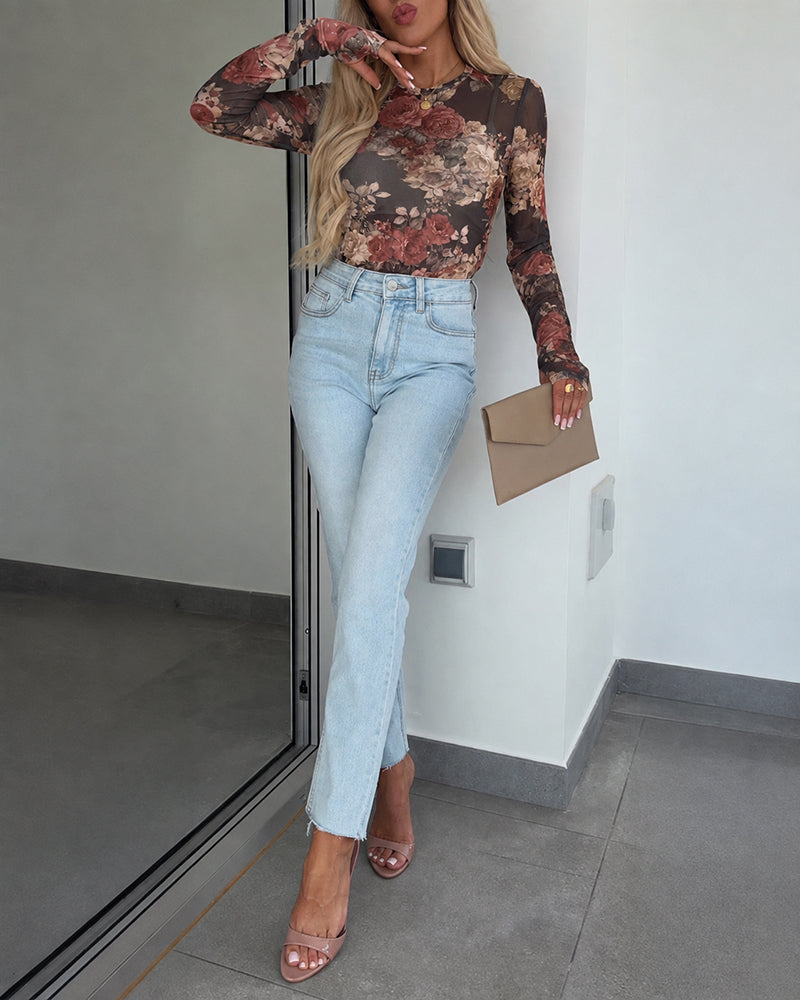 Women's Vintage Floral Print Sheer Mesh Top Long Sleeve Slim Fit Crewneck Layering Top with Thumb Hole Cuffs