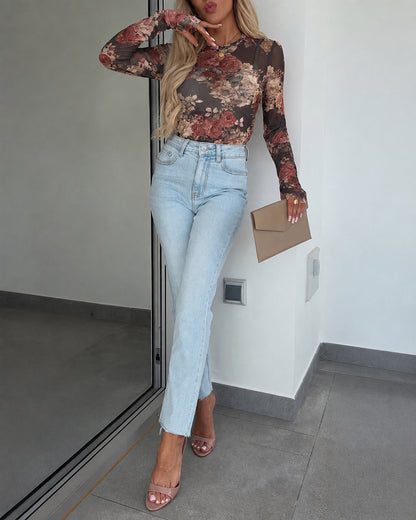 Women's Vintage Floral Print Sheer Mesh Top Long Sleeve Slim Fit Crewneck Layering Top with Thumb Hole Cuffs