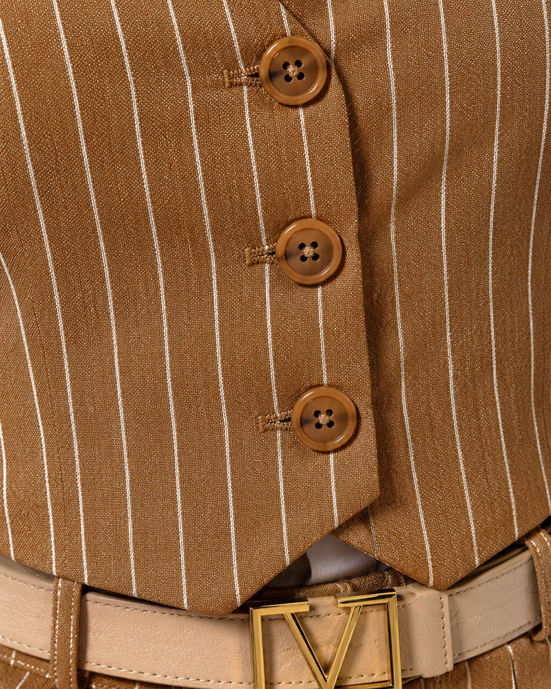 Women's Striped 2 Piece Outfit V Neck Button Down Suit Vest and High Waisted Wide Leg Pants Elegant Commute Set