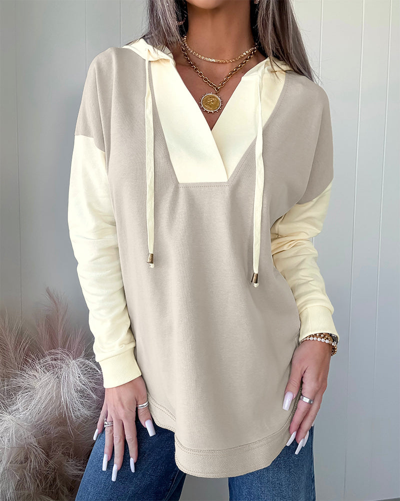 Women's Colorblock V Neck Hoodie Drawstring Curved Hem Sweatshirt Casual Slit Top