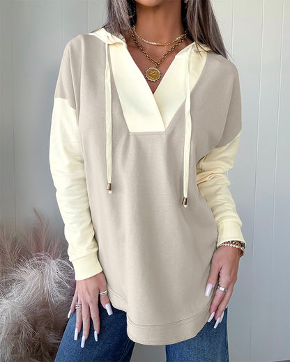 Women's Colorblock V Neck Hoodie Drawstring Curved Hem Sweatshirt Casual Slit Top