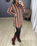 Women's Striped Shirt Dress Button Down Long Sleeve Shirred Waist Casual Dress