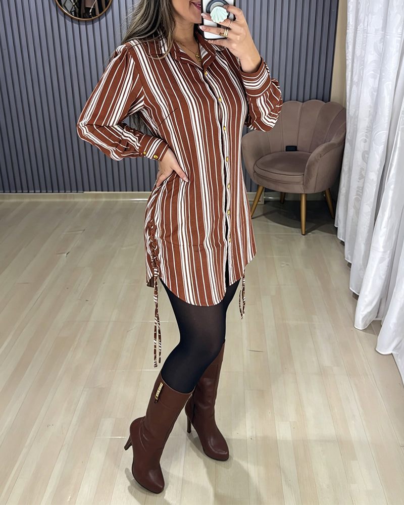 Women's Striped Shirt Dress Button Down Long Sleeve Shirred Waist Casual Dress