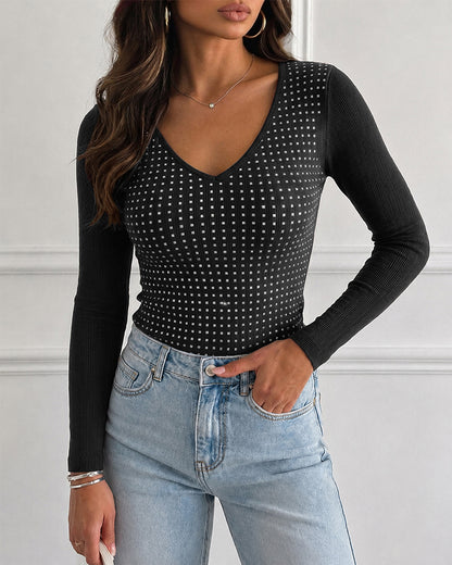 Top de manga larga con escote en V y brillantes para mujer, de punto acanalado, corte ajustado, ideal como prenda informal y para llevar en capas