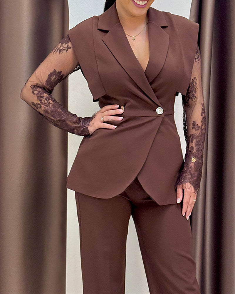 2 Pieces Outfit Contrast Lace Long Sleeve Notched Collar Top and Casual Wide Leg Pants Set