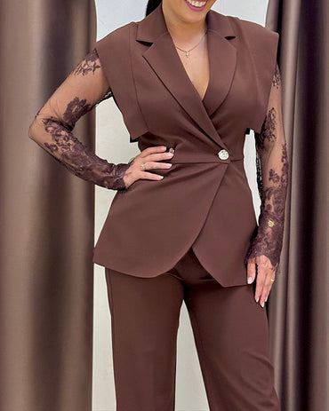 2 Pieces Outfit Contrast Lace Long Sleeve Notched Collar Top and Casual Wide Leg Pants Set