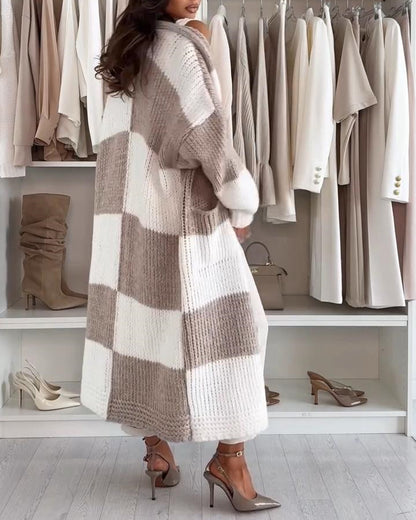 Women's Checkerboard Knit Cardigan Oversized Long Chunky Sweater Loose Lantern Sleeve Coat with Pockets