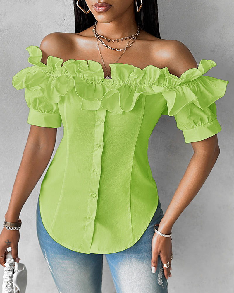 Off the Shoulder Short Sleeve Blouses Asymmetrical Button Ruffles Blouses
