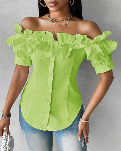 Off the Shoulder Short Sleeve Blouses Asymmetrical Button Ruffles Blouses