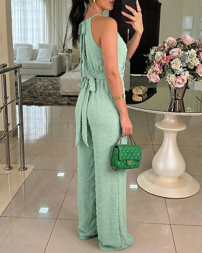 Allover 3D Decor Halter Tie Sleeveless Hollow-out Back Overalls Casual Criss Cross Front Tie Waist Wide Leg Textured Jumpsuit