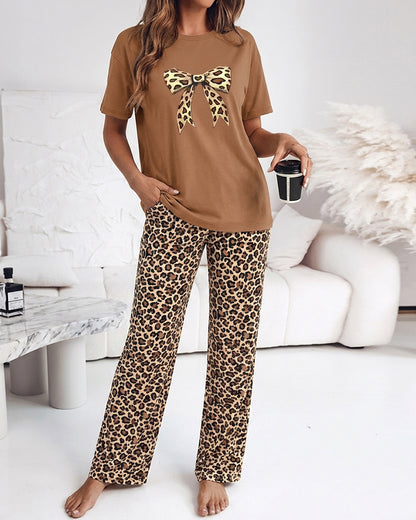 Women's Pajama Set Leopard Bow Short Sleeve Top and Loose Leopard Straight Leg Pants Casual Loungewear