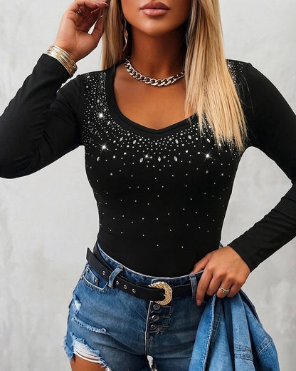 Women's Rhinestone Scoop Neck Long Sleeve Top Slim Fit Ribbed Knit Tee